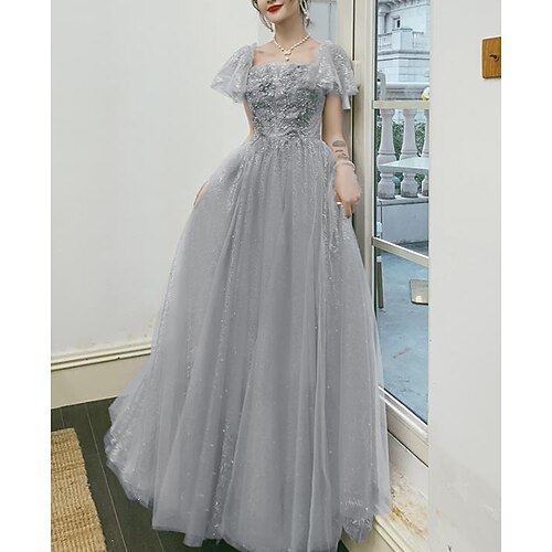 

A-Line Sparkle Floral Engagement Prom Dress Scoop Neck Short Sleeve Floor Length Tulle with Pleats Appliques 2022