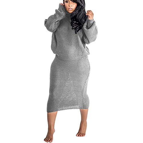 

Women's Sweater Dress Winter Dress for women two piece sweater crop top puff sleeve bodycon knit dress midi skirt set grey#1 m