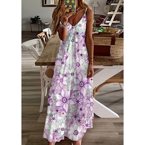 

Women's Casual Dress Swing Dress Long Dress Maxi Dress Purple Pink Yellow Sleeveless Floral Print Spring Summer V Neck S M L XL XXL