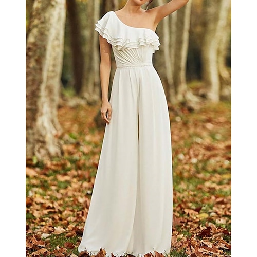 

Jumpsuits Wedding Dresses One Shoulder Floor Length Chiffon Sleeveless Simple Vintage with Pleats Ruffles 2022