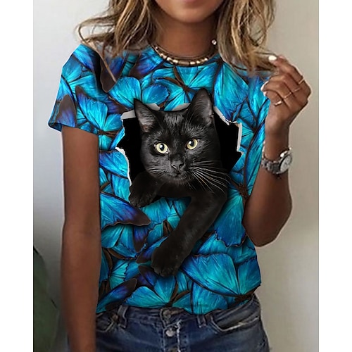Buy Damen 3D Cat T-Shirt Katze Grafik 3D Bedruckt Rundhalsausschnitt Grundlegend Oberteile Blau / 3D-Druck. Picture