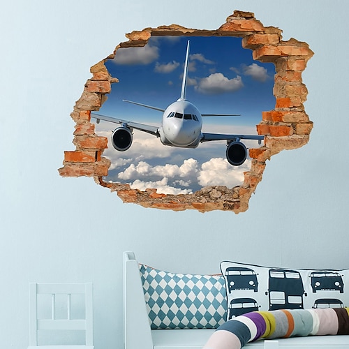 

3D Broken Wall Blue Sky White Cloud Aircraft Home Corridor Background Decoration Can Be Removed Stickers