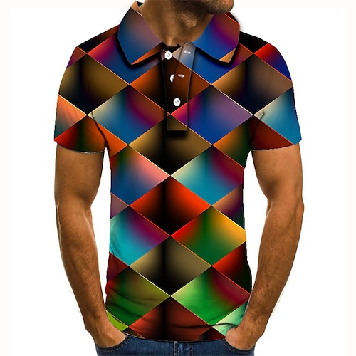 

Men's Collar Polo Shirt Golf Shirt Tennis Shirt Optical Illusion Geometry Collar Rainbow 3D Print Street Casual Short Sleeve Button-Down Clothing Apparel Fashion Cool Casual / Sports