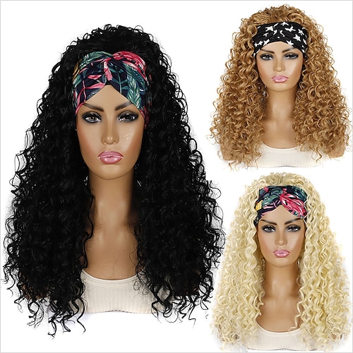 

Headband wig long curly black hair deep volume synthetic wig for women