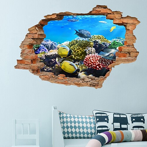 

3D Broken Wall Sea Turtle Sea World Stereo Bedroom Living Room Background Decoration Can Be Removed Wall Stickers Wall Stickers for bedroom living room