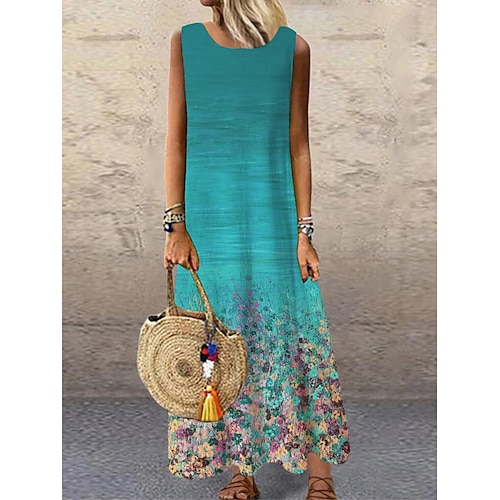 

Women's Shift Dress Long Dress Maxi Dress Green Sleeveless Floral Print Spring Summer Crew Neck S M L XL XXL 3XL