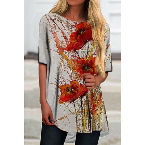 

Women's T Shirt Dress Tee Dress Sports Dress Mini Dress Red Half Sleeve Floral Print Fall Spring Autumn Crew Neck Regular Fit Boom Sale Dress S M L XL XXL 3XL