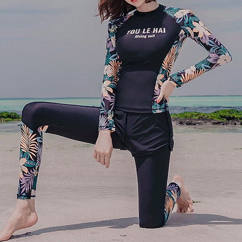 

Women's Rashguard Swimsuit Spandex Swimwear Bathing Suit UV Sun Protection UPF50 Breathable Full Body 3-Piece - Swimming Surfing Water Sports Floral / Botanical Autumn / Fall Spring Summer