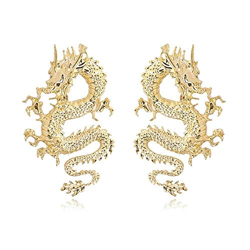 

vintage chinese style dragon stud earrings trendy punk animal totem earrings 2020 unique chic metal dragon statement earrings dainty gold plated earring for women girls jewelry(gold)