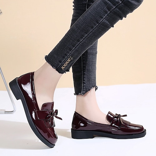 

Women's Loafers Office Daily Tassel Loafers Tassel Shoes Classic Loafers Bowknot Tassel Low Heel Round Toe Vintage Patent Leather Loafer Solid Color Solid Colored Wine Black