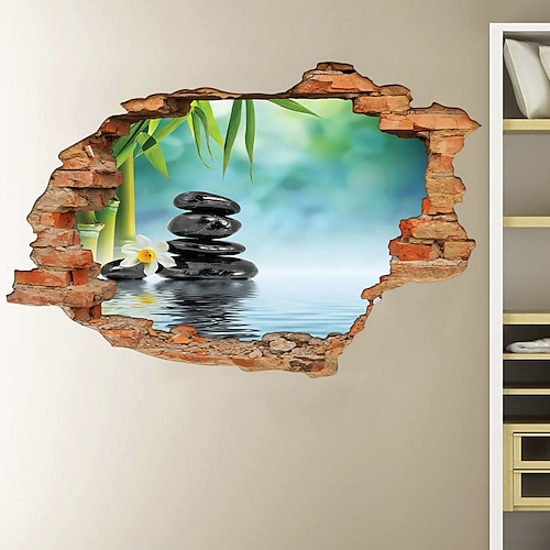 

3D Broken Wall Green Bamboo Rain Flower Stone Home Corridor Background Decoration Can Be Removed Stickers 60X90cm For Bedroom Living Room