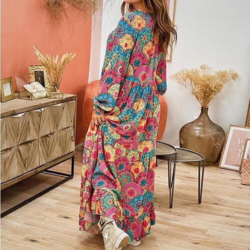 

Women's Casual Dress Swing Dress Long Dress Maxi Dress Rainbow Long Sleeve Patchwork Winter Fall Autumn V Neck Hot Winter Dress Fall Dress Loose Fit S M L XL XXL