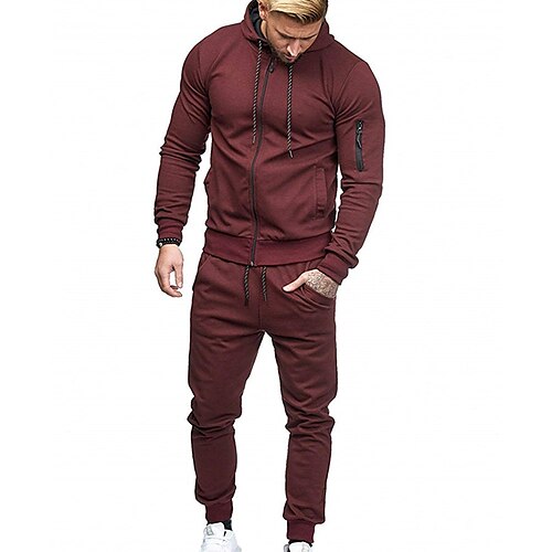 

Men's Tracksuit Sweatsuit Full Zip Hoodie Jogging Suits Black Wine Army Green Dark Gray Navy Blue Hooded Solid Color Zipper 2 Piece Sports & Outdoor Daily Fitness Cotton Basic Sportswear Spring