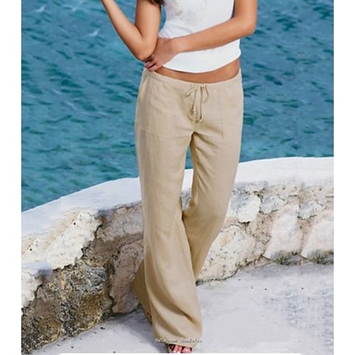 

Women's Simple Basic Essential Wide Leg Elastic Drawstring Design Full Length Pants Casual Weekend Inelastic Plain Cotton Blend Comfort Lightweight Mid Waist White Black Gray Khaki S M L XL XXL
