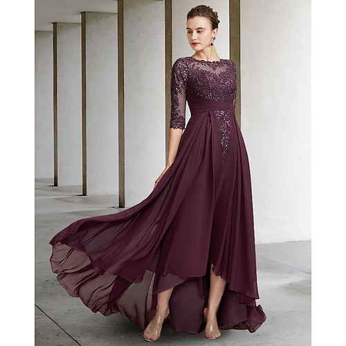

A-Line Mother of the Bride Dress Elegant Jewel Neck Asymmetrical Floor Length Chiffon Lace Half Sleeve with Pleats Appliques 2022