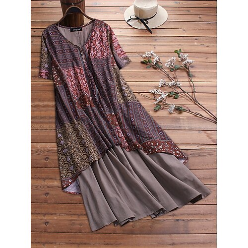 

Women's Plus Size Curve Holiday Dress Tribal V Neck Short Sleeve Spring Summer Basic Vintage Maxi long Dress Causal Vacation Dress / Cotton