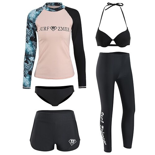 

Women's Rashguard Swimsuit Spandex Swimwear Bathing Suit UV Sun Protection UPF50 Breathable Full Body 5-Piece - Swimming Surfing Water Sports Floral / Botanical Patchwork Autumn / Fall Spring Summer