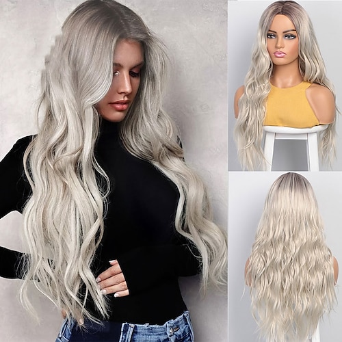 

Gray Wigs for Women Synthetic Wigs Long Wavy Wigs for Women Natural Part Side Wig Heat Resistant Party Hair Ombre Blonde Wigs Brizilan ChristmasPartyWigs
