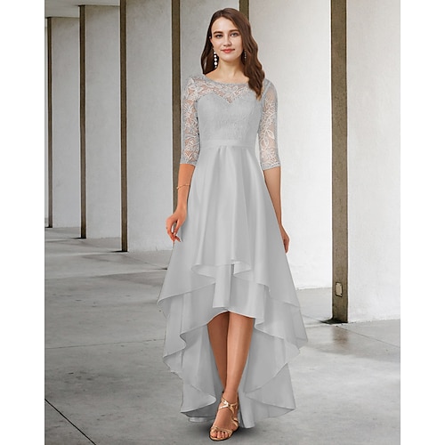 

A-Line Mother of the Bride Dress Elegant Jewel Neck Asymmetrical Chiffon Lace Half Sleeve with Appliques Cascading Ruffles 2022