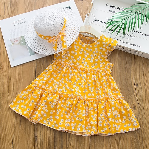 

Kids Girls' Dress Floral Above Knee Dress Daily Cotton Short Sleeve Cute Dress 2-6 Years Summer Pink Yellow Red