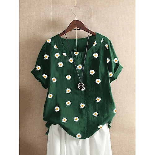 

Women's Plus Size Tops Blouse Shirt Graphic Daisy Short Sleeve Round Neck Cute Causal Cotton And Linen Spring Summer Navy Green