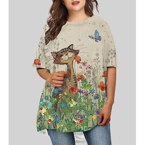 

Women's Plus Size T Shirt Dress Tee Dress Floral Crew Neck Print Half Sleeve Fall Spring Basic Short Mini Dress Causal Daily Dress / Graphic / Cat