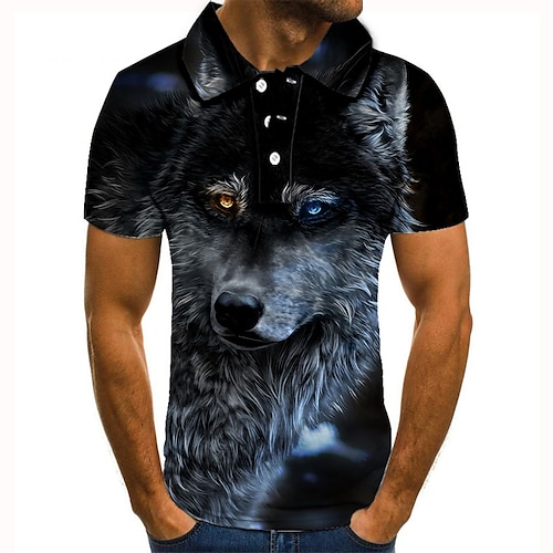 

Men's Collar Polo Shirt Golf Shirt Tennis Shirt Animal Wolf Collar Black 3D Print Street Casual Short Sleeve Button-Down Clothing Apparel Fashion Cool Casual / Sports