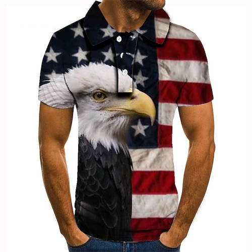 Men's Collar Polo Shirt Golf Shirt Eagle American Flag Tennis Shirt Graphic Prints Collar Blue 3D Print Street Casual Short Sleeve Button-Down Clothing Apparel Fashion Cool Casual / Sports