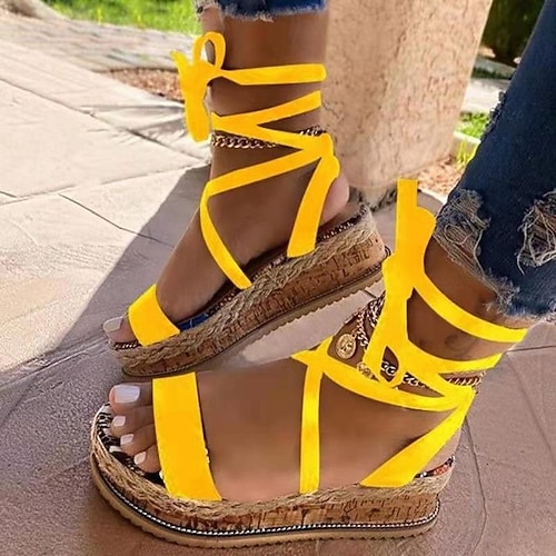 

Women's Sandals Lace Up Sandals Strappy Sandals Boho Bohemia Beach Espadrilles Platform Chunky Heel Round Toe PU Ankle Strap Leopard Yellow
