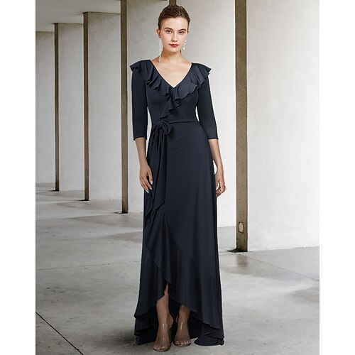 

A-Line Mother of the Bride Dress Elegant V Neck Asymmetrical Floor Length Chiffon Half Sleeve with Pleats Appliques 2022