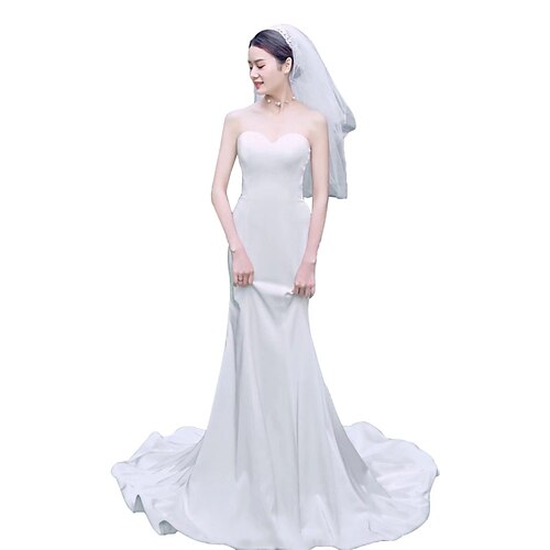 

satin light wedding dress 2021 new female white simple travel shot fishtail bride tube top korean go out yarn tail skirt