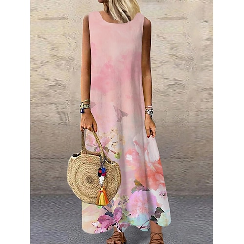 

vestito a trapezio da donna abito lungo maxi vestito rosa senza maniche stampa floreale primavera estate girocollo s m l xl xxl 3xl