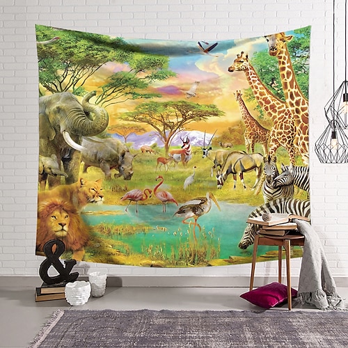 

Animal World Wall Tapestry Art Decor Blanket Curtain Hanging Home Bedroom Living Room Decoration Polyester Animal World Lion Giraffe Elephant Hippo Flamingo
