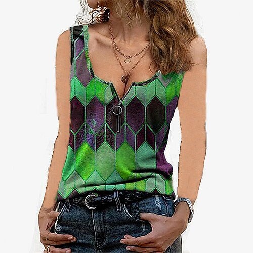

Women's Tank Top Shirt Green Purple Yellow Geometric Quarter Zip Print Sleeveless Holiday Weekend Casual V Neck Regular Geometric S / 3D Print