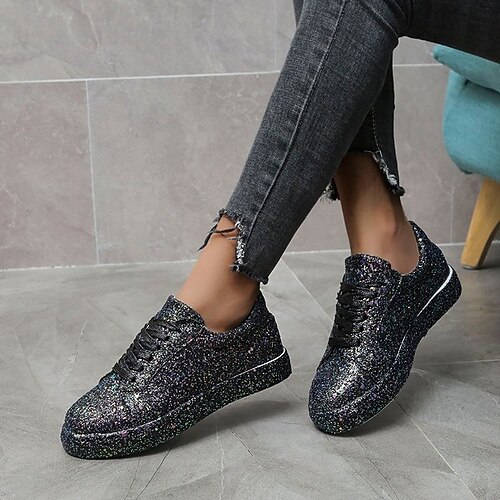 

Women's Sneakers Plus Size Fantasy Shoes Sparkling Shoes Sequin Flat Heel Closed Toe Walking Shoes Rubber Lace-up Solid Colored Silver Black Rosy Pink
