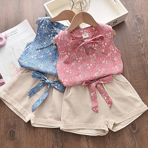 

2 Pieces Kids Girls' Clothing Set Outfit Floral Sleeveless Bow Cotton Set Basic Pink Light Blue