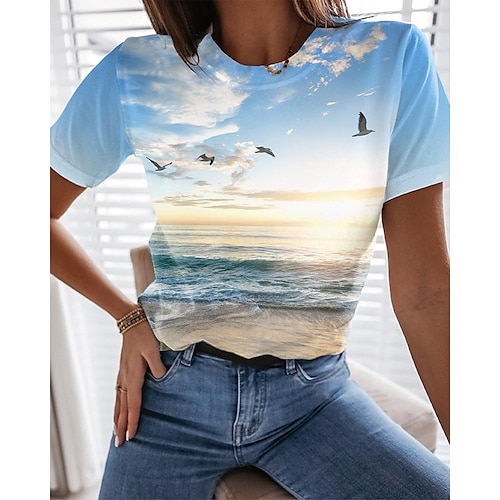 

Women's T shirt Tee Blue Graphic Scenery Print Short Sleeve Holiday Weekend Basic Beach Round Neck Regular 3D Printed Painting S