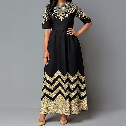 

Women's Party Dress Swing Dress Long Dress Maxi Dress Black Half Sleeve Geometric Embroidered Fall Spring Autumn Crew Neck Party S M L XL XXL