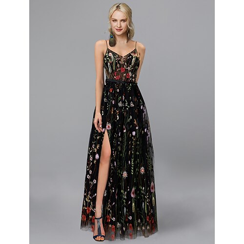 

A-Line Elegant Floral Wedding Guest Formal Evening Dress Spaghetti Strap Sleeveless Floor Length Chiffon with Slit Appliques 2022