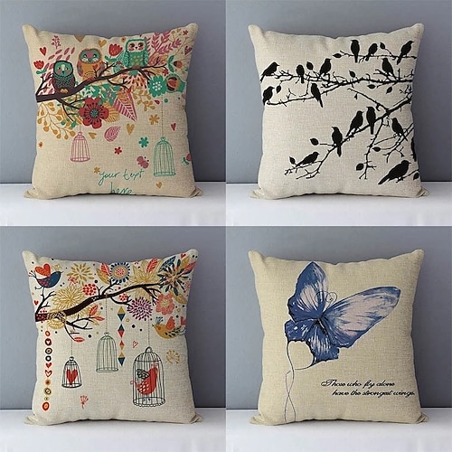 

Double Side Cushion Cover 1pc Soft Decorative Square Pillowcase For Sofa Bedroom Superior Quality Cartoon Animals Printed Birds Butterfly Owls for Patio Garden Farmhouse Bench Couch Faux Linen