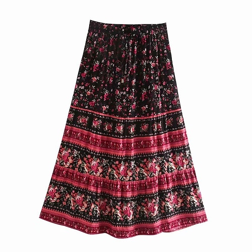 

Women's Swing Maxi Cotton Green Pink Black Skirts Summer Ruffle Print Without Lining Vintage Boho Hippie Gypsy Holiday Vacation S M L / Loose Fit