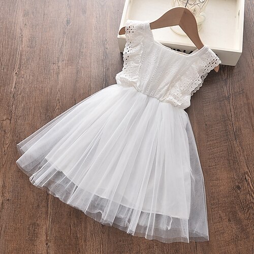

Kids Girls' Dress Solid Colored Dress School Lace Cotton Sleeveless Elegant Dress 2-8 Years Summer White