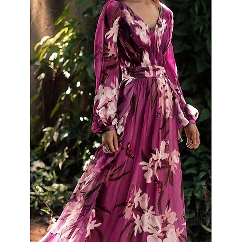 Women's Swing Dress Long Dress Maxi Dress Purple Long Sleeve Floral Print Winter Fall Autumn V Neck Winter Dress Fall Dress Loose Fit 2023 S M L XL XXL