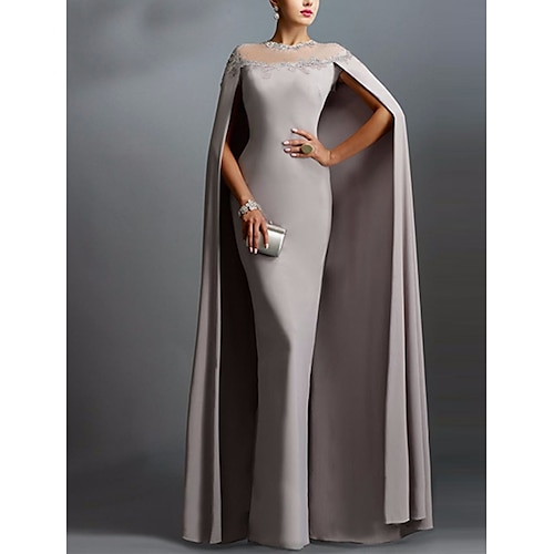 

Sheath / Column Elegant Capes Wedding Guest Formal Evening Dress Illusion Neck Short Sleeve Floor Length Stretch Fabric with Lace Insert Appliques 2022