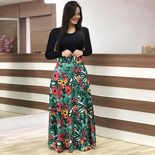 Women's A Line Dress Midi Dress Black And White Color bar Dots Leaf flower Green Pink Red Long Sleeve Floral Polka Dot Print Spring Summer Crew Neck Women's A Line Dress Midi Dress Black And White Color bar Dots Leaf flower Green Pink Red Long Sleeve Floral Polka Dot Print Spring Summer Crew Neck