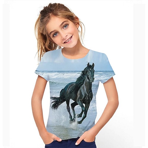 Kids Girls\' T shirt Summer Daily Active 3-12 Sleeve 2024 / Horse Years western Rainbow Short Basic School Outdoor Print 3D girls tee