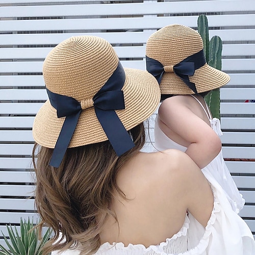 

Mommy and Me Straw Hats Casual Bowknot Design Brown Family Photo Matching Outfits Mom and Daughter