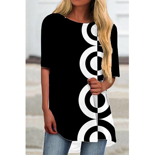 

Women's T Shirt Dress Tee Dress Mini Dress Black Half Sleeve Geometric Print Fall Spring Autumn Crew Neck Boom Sale Dress S M L XL XXL 3XL