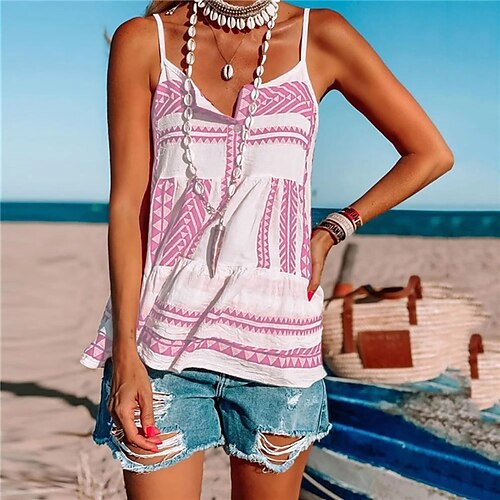 

Women's Tank Top Pink Red Blue Geometric Print Sleeveless Casual Basic V Neck Regular Geometric S