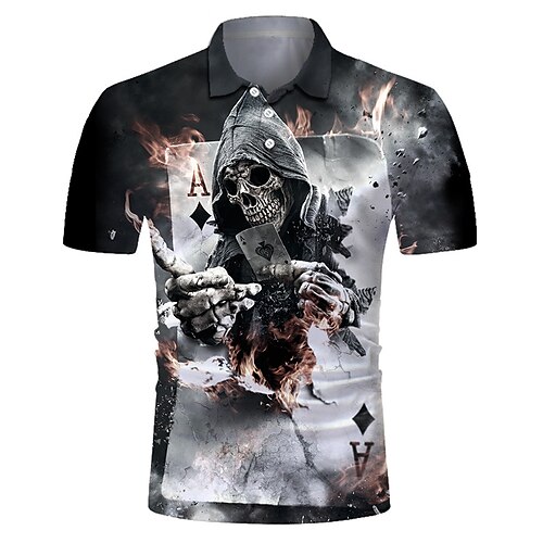 

Men's Collar Polo Shirt Golf Shirt Tennis Shirt Skull Card Collar Black 3D Print Street Casual Short Sleeve Button-Down Clothing Apparel Fashion Cool Casual Breathable / Sports